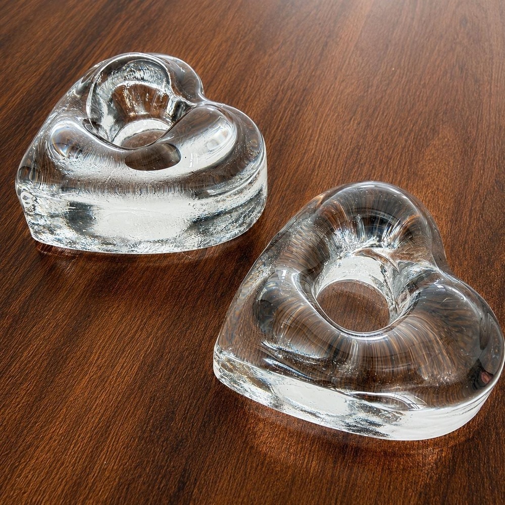 VNG Orrefors Crystal Heart Taper Candle‎ Holders (2) Scandinavian Candlesticks